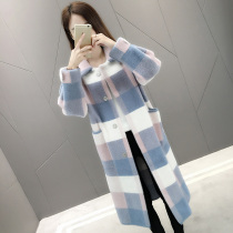 Mink fleece coat women super fire sweater 2021 Spring and Autumn New hooded plaid knit cardigan women loose coat