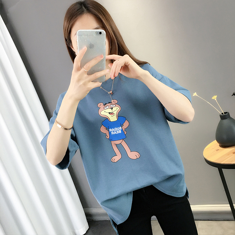 Trung dài t-shirt nữ 2020 mùa hè mới thấy gấu mỏng in siêu bắn ngã ba-top loose-fitting trong triều saper