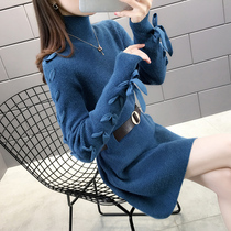 High collar thick knitted sweater skirt long spring and autumn clothing 2021 New Korean version waist temperament base shirt foreign atmosphere