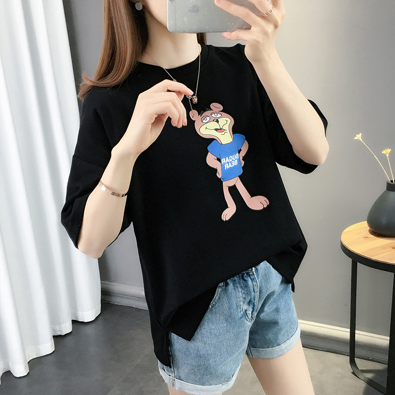 Trung dài t-shirt nữ 2020 mùa hè mới thấy gấu mỏng in siêu bắn ngã ba-top loose-fitting trong triều saper