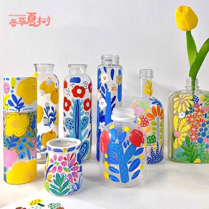 Back-To-School Season DIY Hand-Painted Transparent Glass Bottle Old Object Transformation Material Kit Painting Graffiti Bottle Decoration Hanging Ornament