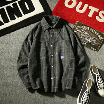 Play button autumn trend mens printed plaid shirt youth Korean casual loose long sleeve shirt