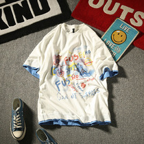 Graffiti Club Summer Tide Man Street Print Short Sleeve T-Shirt Youth Leisure Loose Fake Two-Piece Top