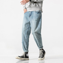 Workaholic autumn American fashion Mens broken jeans Japanese casual loose straight long pants