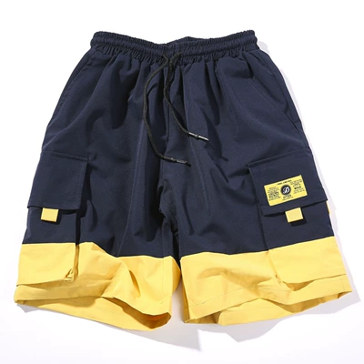 "Nhãn màu vàng chặn" mùa hè nam sành điệu thêu nhãn nhiều túi dụng cụ giản dị dây rút quần short thể thao quần đi biển - Quần làm việc Quần làm việc