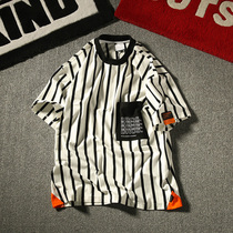 Baseball Kid Summer New Tide Brand Striped Short Sleeve T-shirt Mens Casual Loose Sports Contrast Pullover