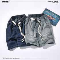 Long-band denim summer Tide mens stitching tooling denim shorts casual drawstring old washed beach pants