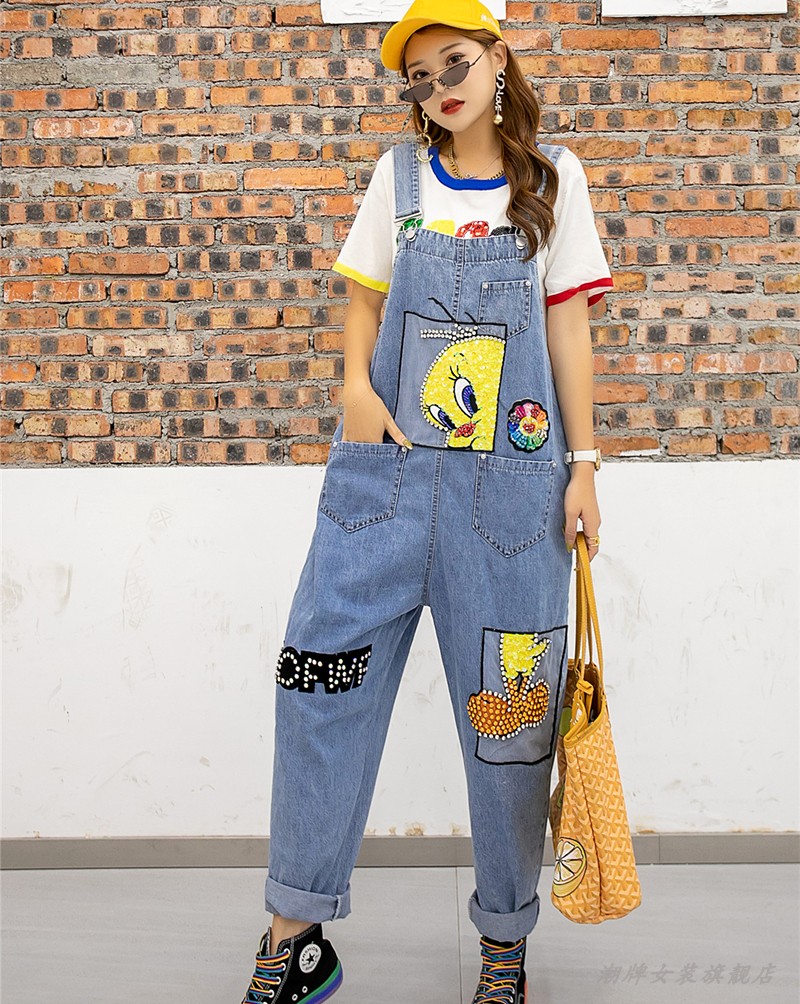 Blue2021 Spring and summer Hong Kong Fashion Brand High waist cowboy rompers female easy Graffiti Sequins hole Sleeveless Conjoined body trousers