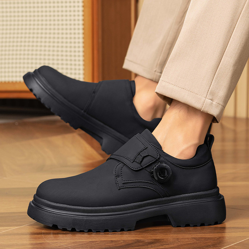 Men's Leather Shoes for Autumn and Winter with Rotating Buckle, Business Formal Thick-Soled Derby Shoes, Men's Casual Low-Top Martin Boots