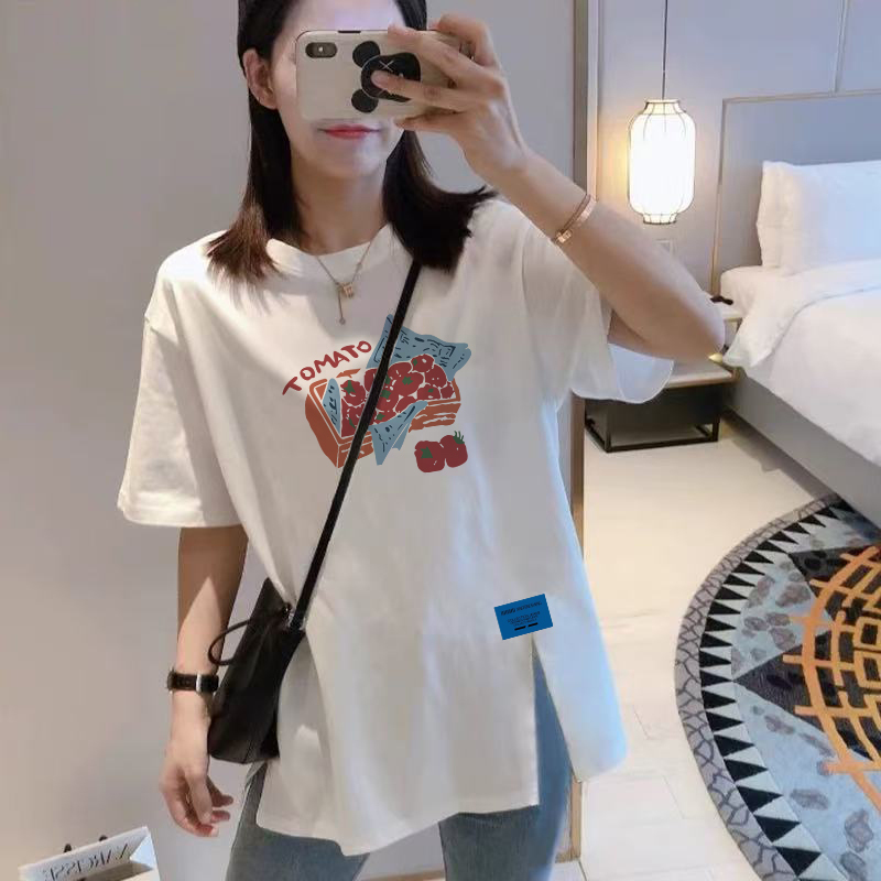 Pure Cotton Short-Sleeved Maternity Wear, Slit T-Shirt for Women, Mid-Length Design That Covers the Belly, Loose Fit That Doesn'T Show Pregnancy, Plus-Size Top