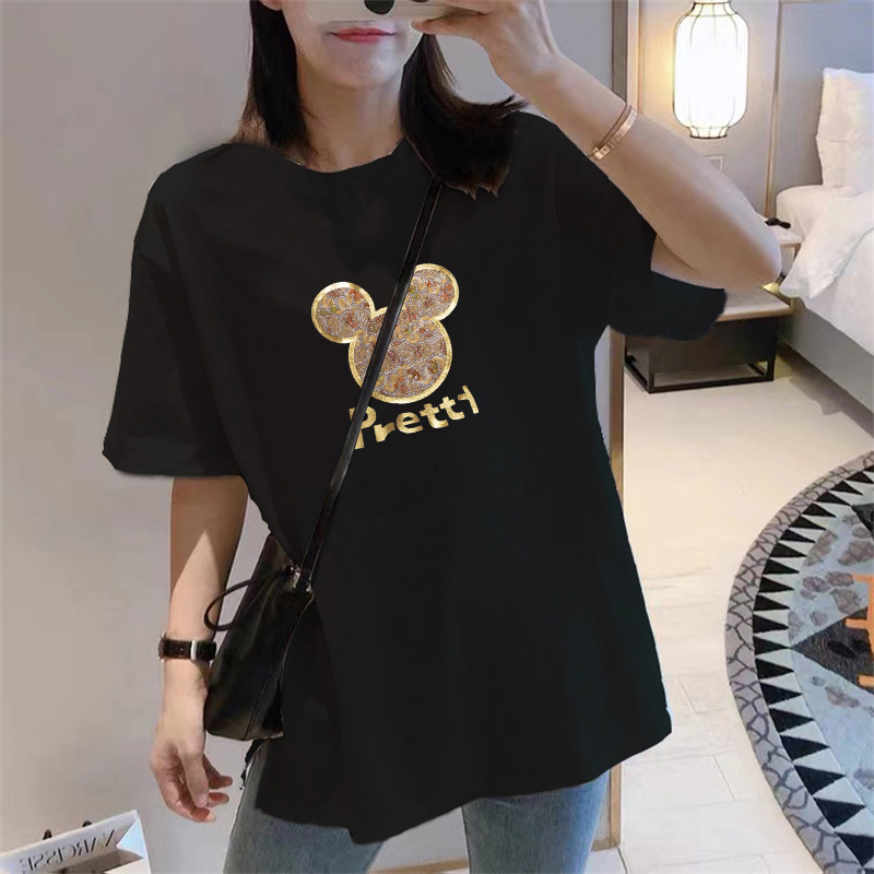 Maternity Wear Summer Top Black Slit Mid-Length Petite Loose Fit Covers the Buttocks Plus Size Pure Cotton Short-Sleeved T-Shirt