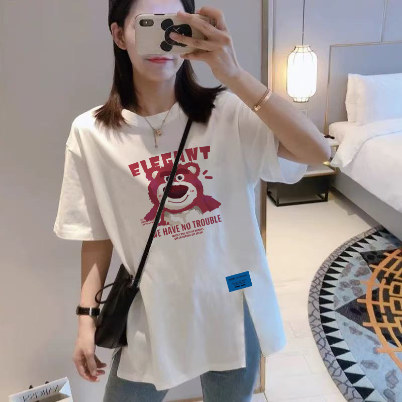 Maternity Wear with a Unique Design, Oversized, Slit, Pure Cotton, Short-Sleeved, Loose, Mid-Length, Belly-Covering T-Shirt for Women