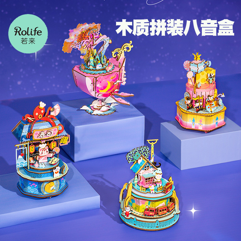 Ruotairuolai rotating clockwork music box diy wooden assembled music box sky city girls birthday gift