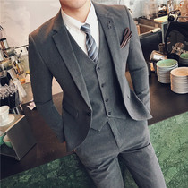 Business casual suit suit mens three-piece professional Korean slim solid color suit groom wedding dress Joker