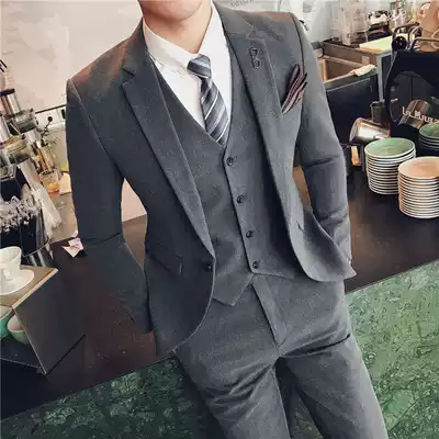 Business casual suit suit men's three-piece professional Korean slim solid color suit groom wedding dress Joker