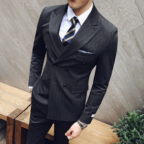 Suit suit mens striped double-breasted groom wedding dress stretch casual slim formal dress Korean slim business