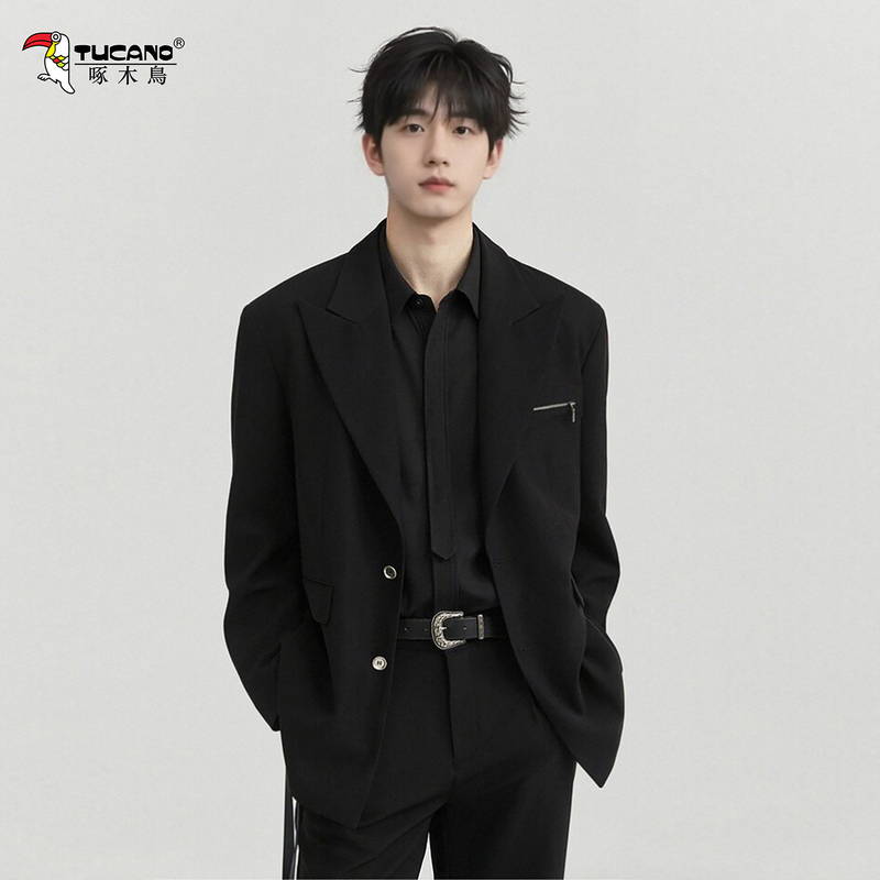 Woodpecker Wool High-End Suit Set for Men, Casual Blazer with Drape, Loose Fit, Trendy, Stylish for Commuting, Handsome and Mature