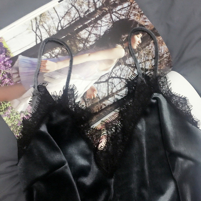 2016年秋冬天鹅丝绒V领蕾丝吊带长裙连衣裙 