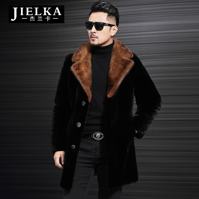 Mink coat men's fur medium long version 2021 trench coat mink fur suit collar Haining whole mink fur thick coat