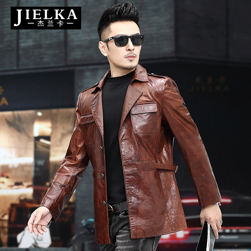 New Henning Leather Coat Leather Windsuit Men's Oil Wax Head Layer Bull Leather Suit Collar Middle Long Version Hunting Autumn Jacket Man