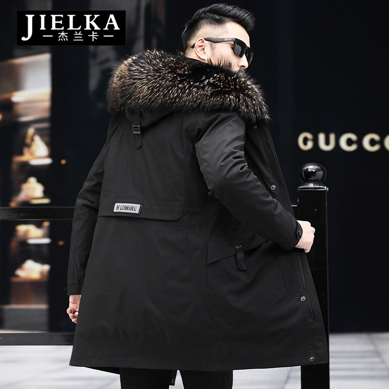 Winter Peel Grass Heinist overcomes men's fur integrated male rabbit fur liner raccoon fur collar Long version of thick coat