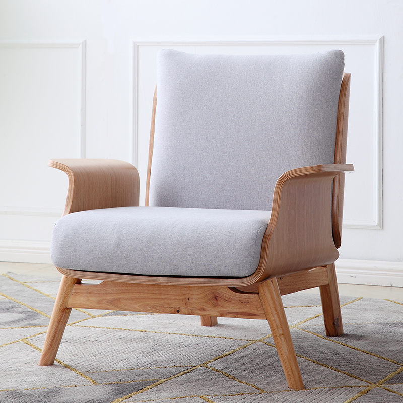 Nordic single sofa chair home simple living room fabric balcony leisure chair solid wood armrest book chair back chair