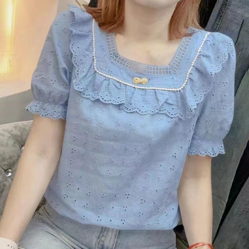 Lace Cutout Square-Neck Blouse Summer Top Ruffled Puff Sleeve Short-Sleeve Lace Stylish Shirt Top for Women