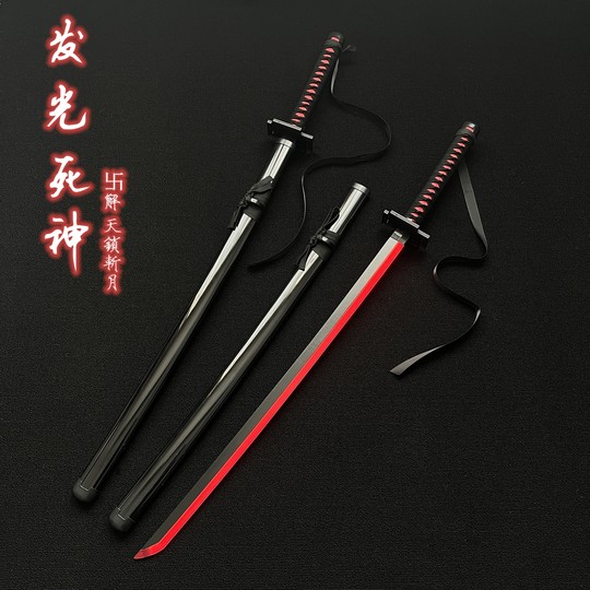 Led wiederaufladbare Shinigami Skylock Zangetsu leuchtende Version Ärmel weißer Schnee Hakenkreuzlösung Zanpakutō Holzschwert rotierendes Messer Blume schwarzer Streamer