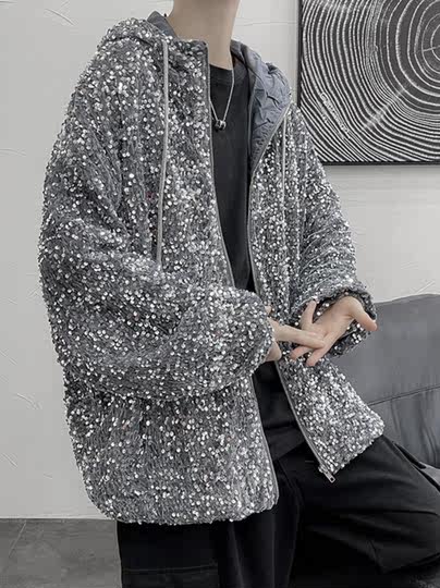 Performance Clothing Youth Sequin Street Dance Casual Top Fashionable Cool Men's Stage Hooded Loose Jacket