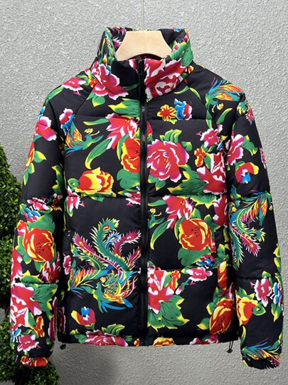 Stand-up collar coat thickened warm printed down jacket new Chinese style winter trendy men's red bottom northeastern large flower winter coat