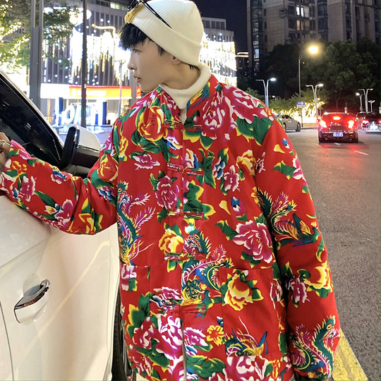Men's and women's floral cotton-padded jackets, slim-fitting, Chinese-style buckle decoration, thickened, warm and comfortable, Northeast large-flower printed cotton-padded jackets