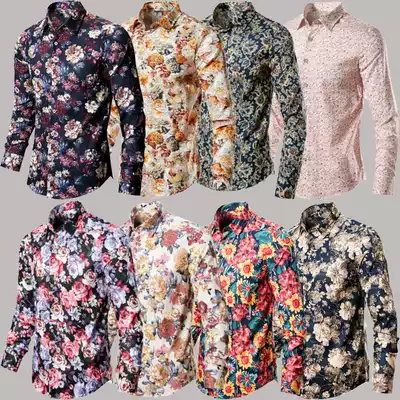 Spring floral rose shirt fashion printed shirt men's long-sleeved trend pattern clothes Ruffian handsome casual fancy