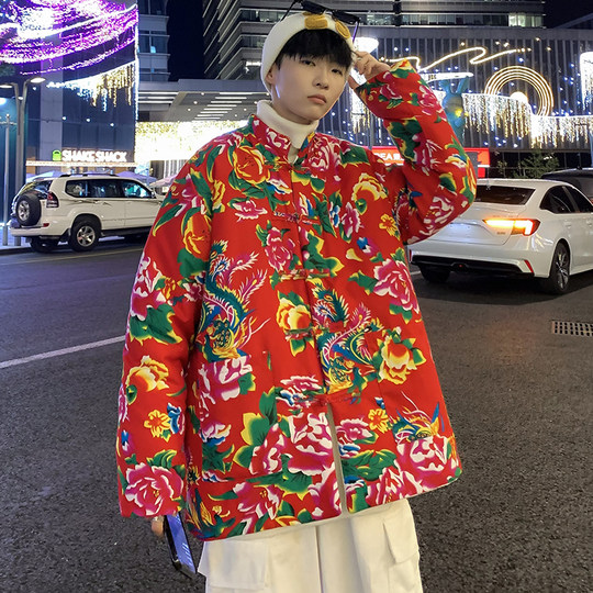 Men's and women's floral cotton-padded jackets, slim-fitting, Chinese-style buckle decoration, thickened, warm and comfortable, Northeast large-flower printed cotton-padded jackets