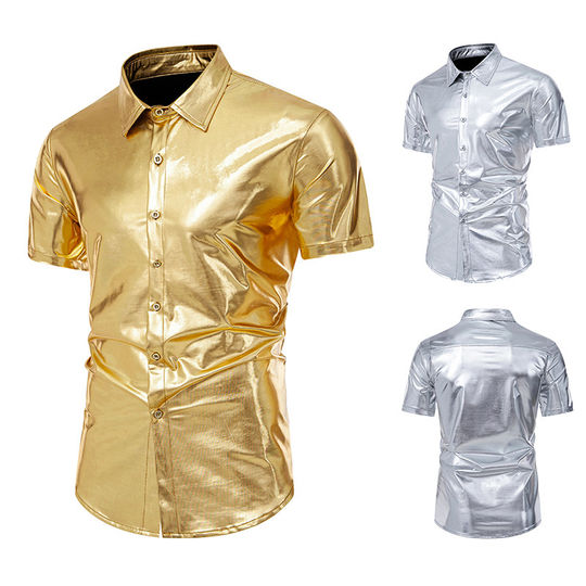 Men's Glossy Nightclub Disco Short-Sleeve Shirt 2024 New Solid Color Simple Style Performance Shirt Casual Trendy