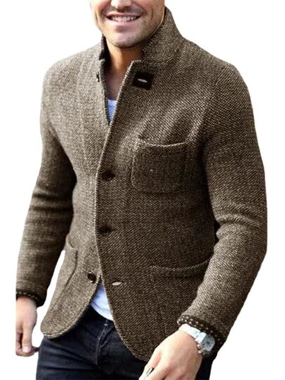 Solid Color Niche Design Pocket-Decorated Top Casual Outerwear Sweater Middle-Aged and Elderly Men's Casual Suit Collar Long-Sleeve
