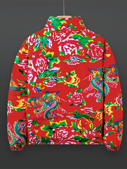 Winter white duck down clothes red bottom Northeast large flower warm down jacket men's printed loose stand-up collar 90 velvet cold jacket