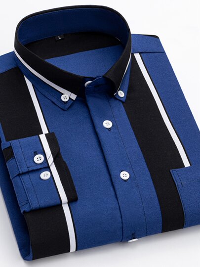 Men's Gray and Black Vertical Striped Printed Fashion Casual Top with Lapel and Pocket Decoration, Simple Style Long-Sleeve Shirt