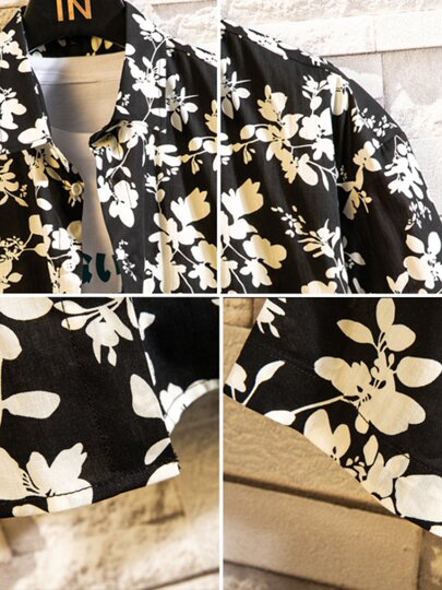 Pure cotton floral print short-sleeved shirt men handsome pattern beach casual thin summer shirt trendy hairstylist