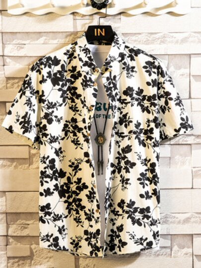 Pure cotton floral print short-sleeved shirt men handsome pattern beach casual thin summer shirt trendy hairstylist