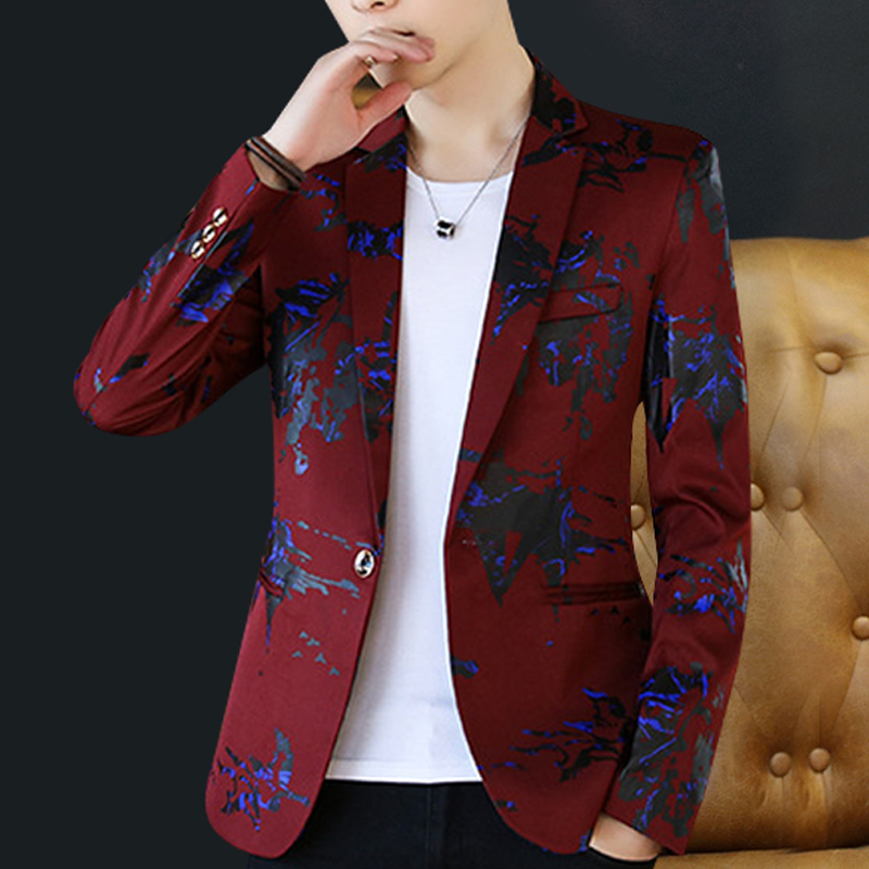 Autumn fashion dress printed suit trend wine red small suit men's casual slim floral coat long sleeve