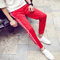 Spring mens and womens red sports pants mens parallel bars casual small feet trend two-bar white striped pants