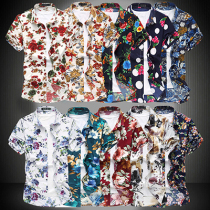 Casual personality stretch flower shirt fashion fancy print short sleeve shirt mens beach leisurely thin cool top