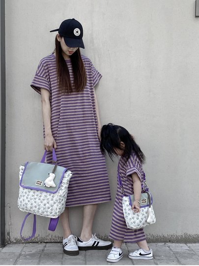 Trendy Family Matching Outfits for Summer: Striped T-Shirts for a Family of Three, Stylish Purple Boys' Sets, Mother-Daughter Short-Sleeve Dresses