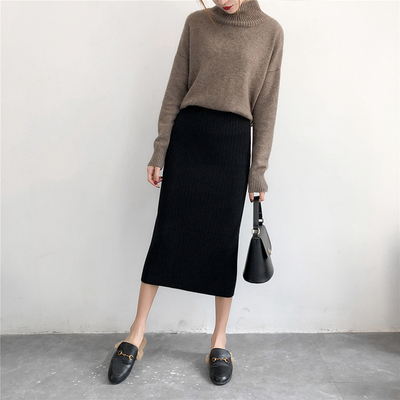 女秋冬中长款针织包臀开叉半身裙