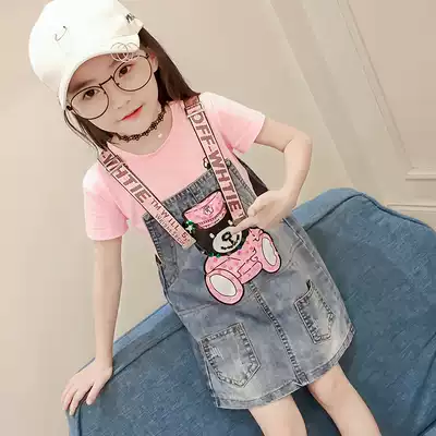 Girls summer clothes baby bag skirt suit 2021 new children's short-sleeved fashionable Western-style denim skirt children's clothes trend