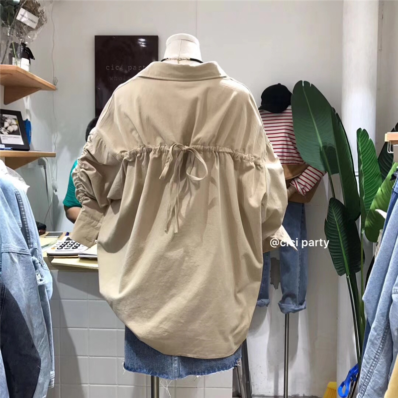 Mùa xuân 2018 mới retro Nhật Bản nhỏ trở lại dây rút mới cà vạt đơn ngực lỏng áo sơ mi nữ tay dài BF thời trang công sở nữ