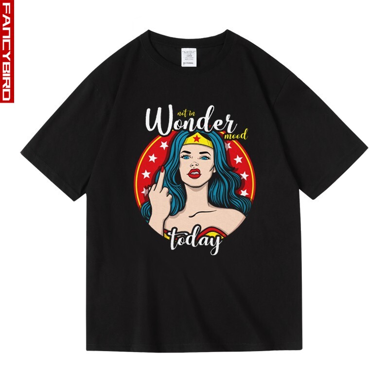 Trendy Ins-Style Streetwear Wonder Woman Print Loose Cotton Short-Sleeve T-Shirt Unisex Summer Bf Style Trendy Ins-Style Streetwear Wonder Woman Print Loose Cotton Short-Sleeve T-Shirt Unisex Summer Bf Style