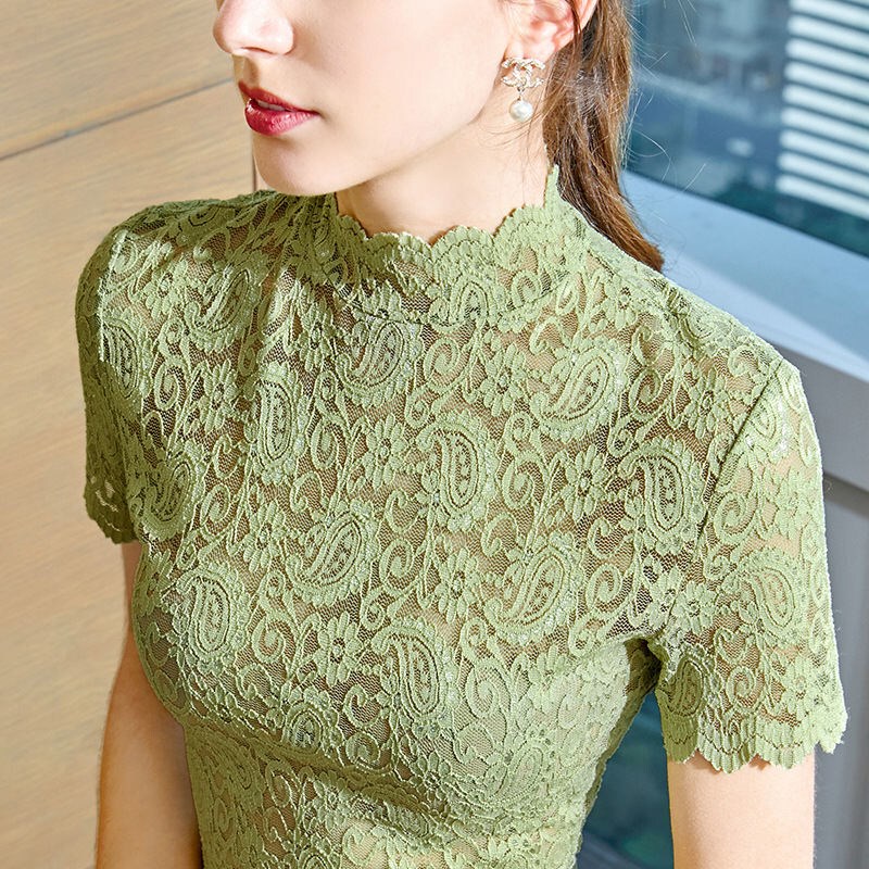 Lace Top for Women, Spring and Summer New Style, Short-Sleeved T-Shirt, Sexy Hollow-Out Wavy Edge, Half-High Collar, Can Be Worn as an Inner Layer or Outerwear