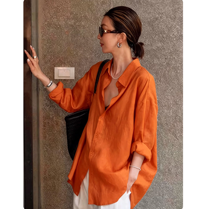 Dopamine Orange Cotton and Linen Long-Sleeved Shirt for Women 26 Spring New Style High-End Fashionable Age-Reducing Linen Sun Protection Top