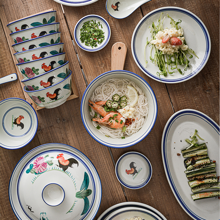 Bowl and Plate Set, Household Tableware, Chinese Retro Creative Hand-Painted Nostalgic Rooster Bowl, Chicken Bowl, Ceramic Bowl and Plate Set